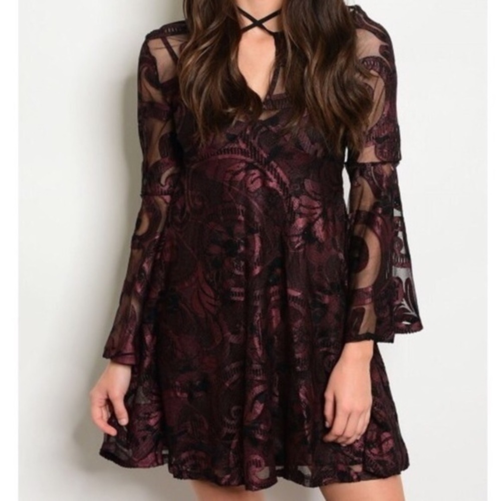 🆕Wine & black lace dress w/ bell sleeves - Picture 2 of 5